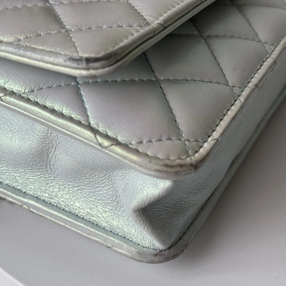 Chanel Metalic Silver Calfskin Wallet On Chain