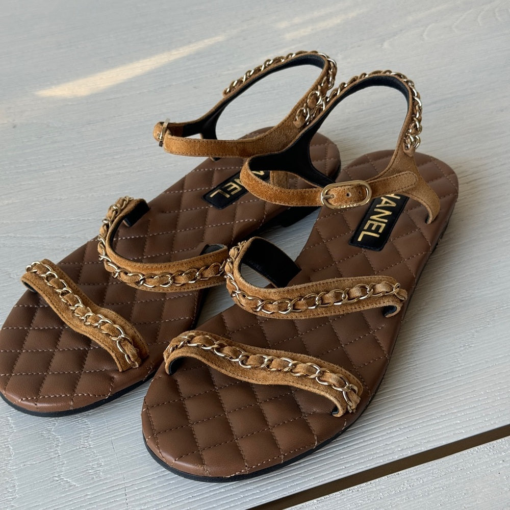 CHANEL Quilted Leather & Gold Chain Strappy Flat Sandals 37