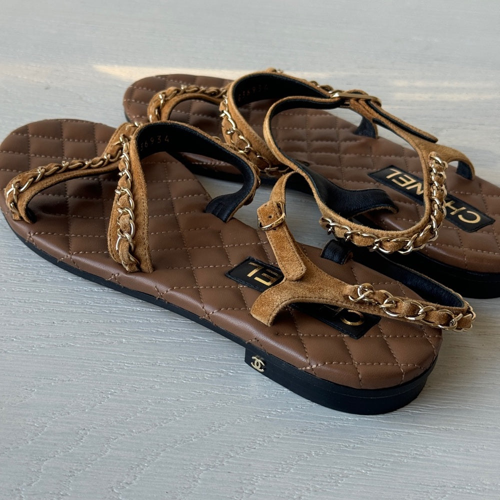 CHANEL Quilted Leather & Gold Chain Strappy Flat Sandals 37