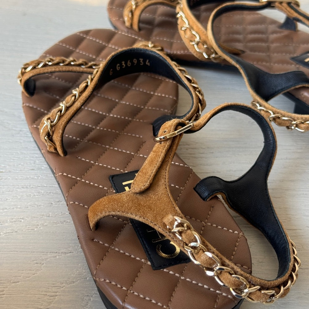 CHANEL Quilted Leather & Gold Chain Strappy Flat Sandals 37