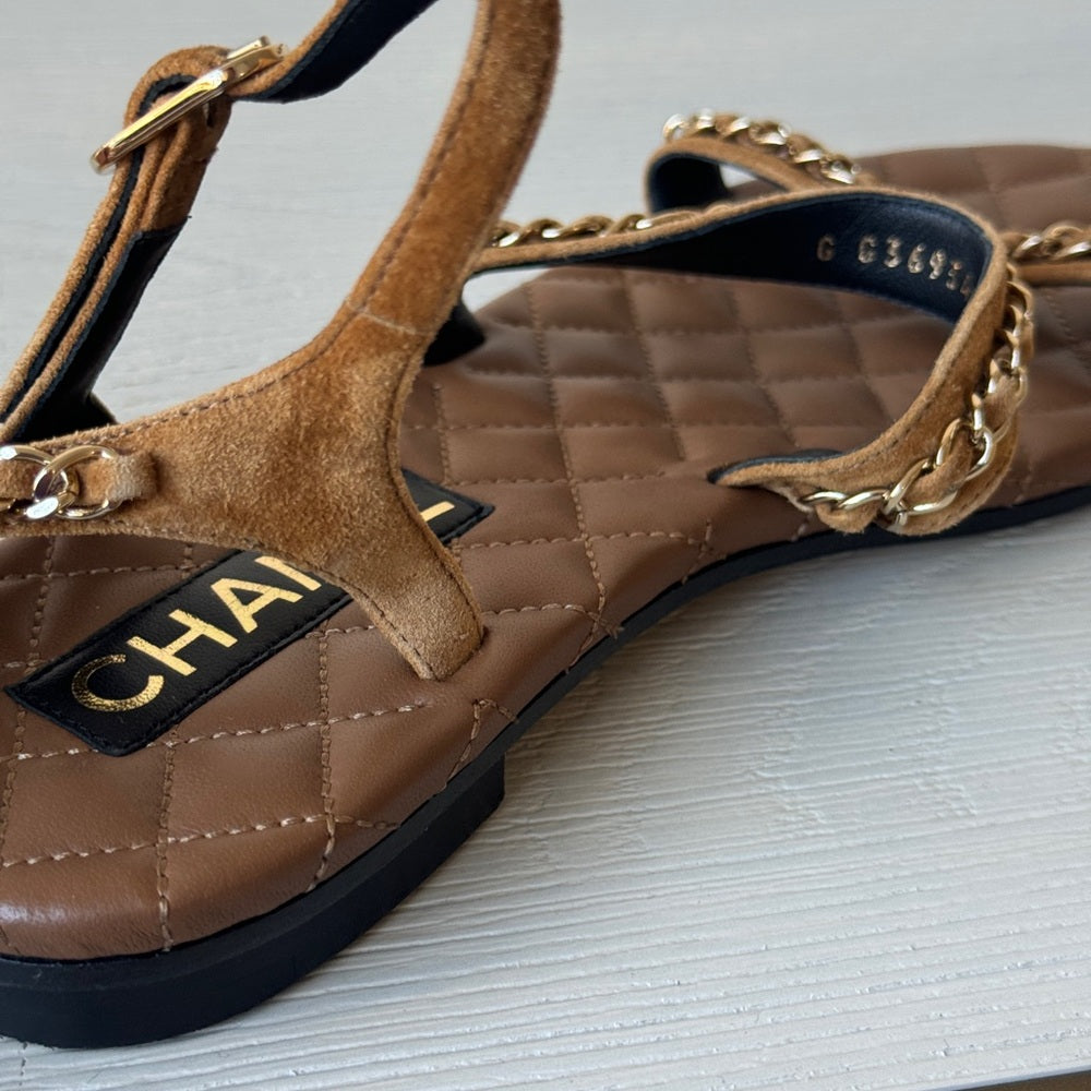 CHANEL Quilted Leather & Gold Chain Strappy Flat Sandals 37