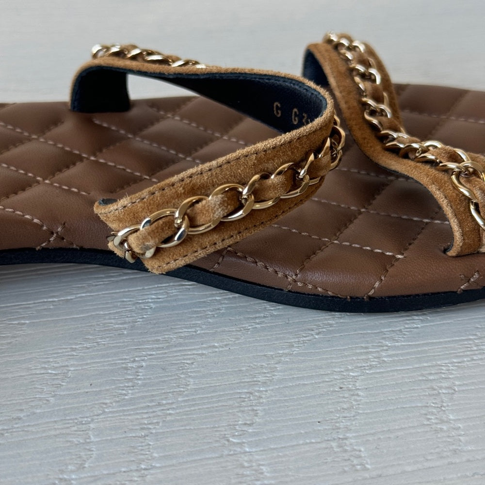 CHANEL Quilted Leather & Gold Chain Strappy Flat Sandals 37