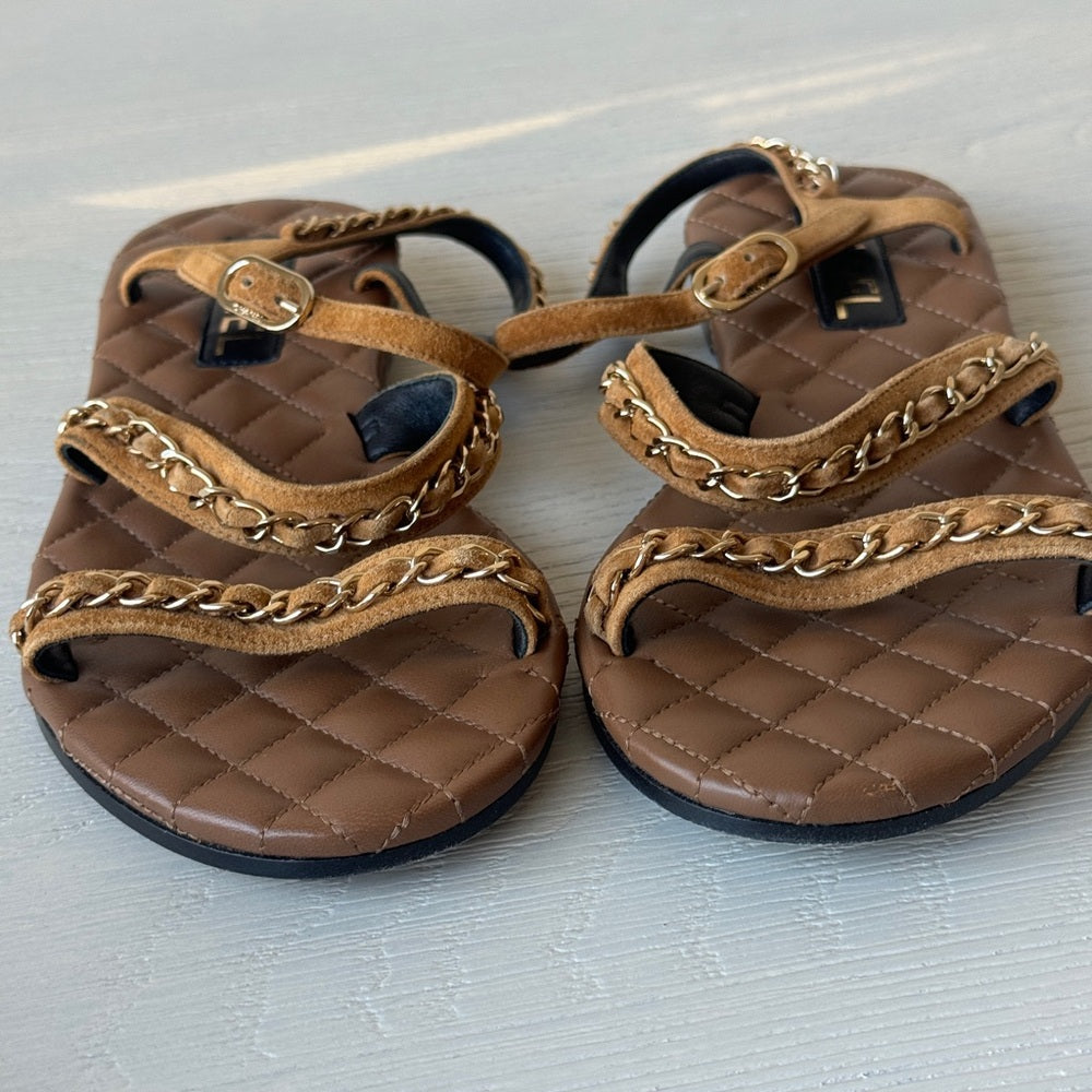 CHANEL Quilted Leather & Gold Chain Strappy Flat Sandals 37