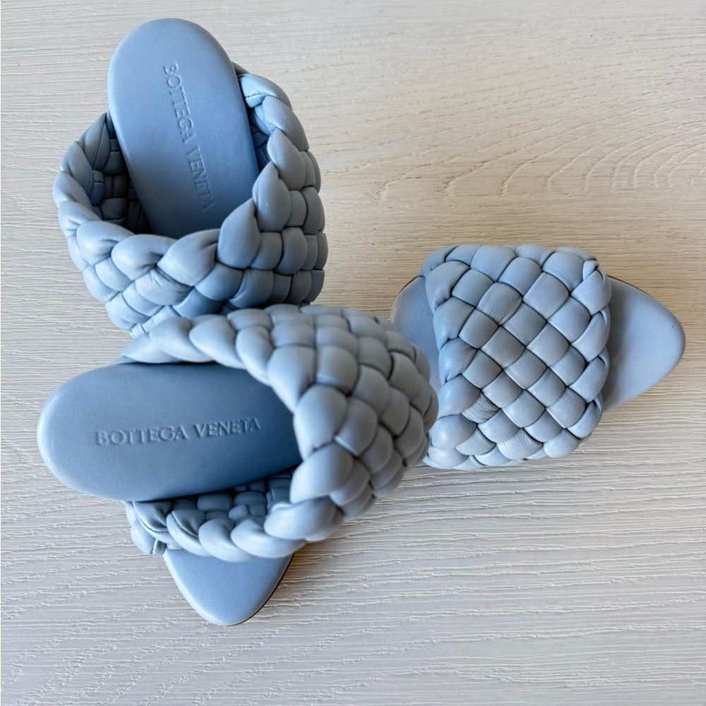 Bottega Veneta Womens Lido Leather Woven Sandals Size EU 37.5 Light Blue