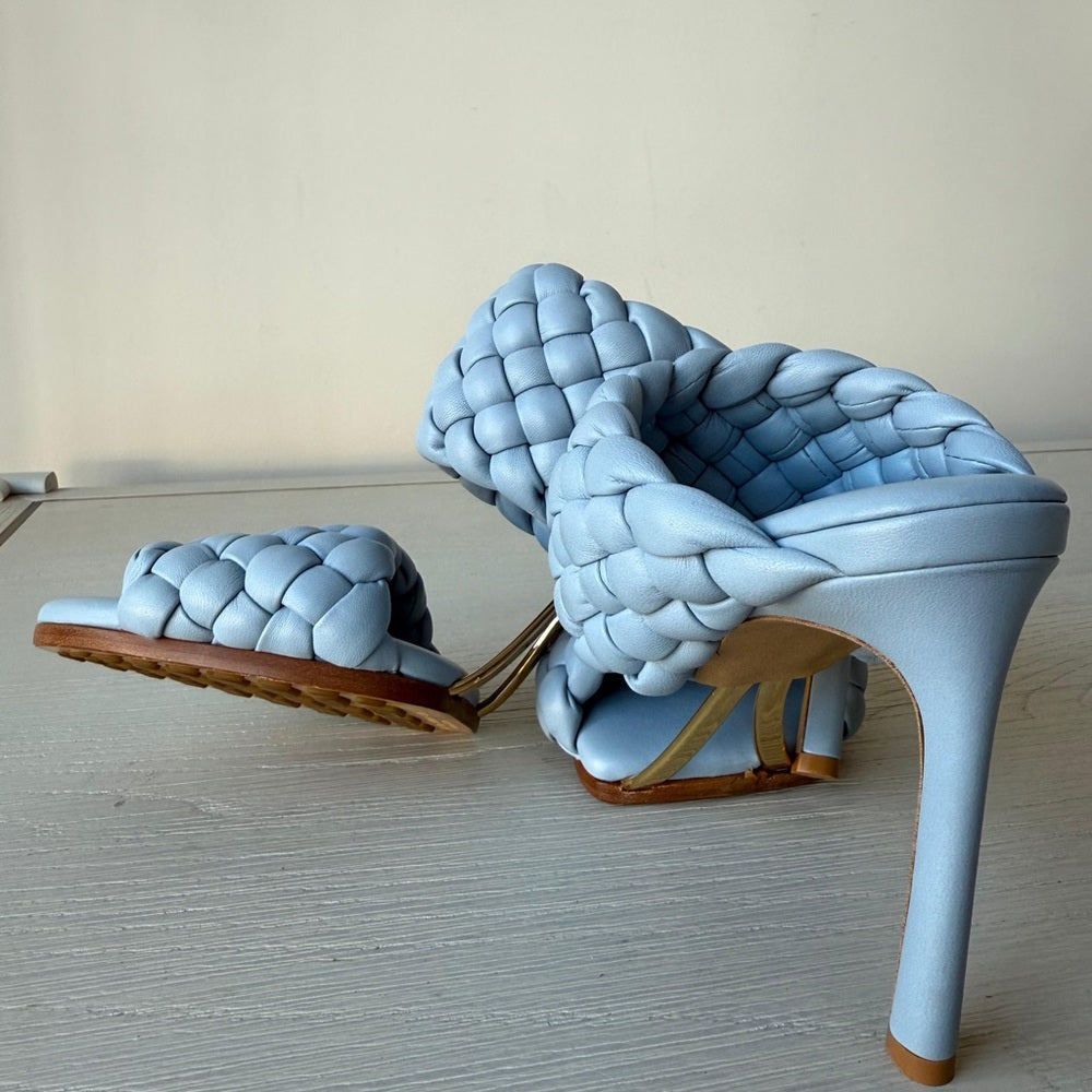 Bottega Veneta Womens Lido Leather Woven Sandals Size EU 37.5 Light Blue
