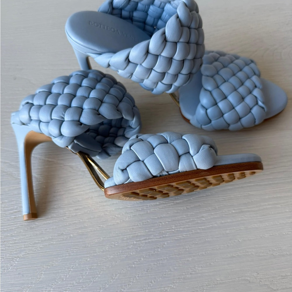 Bottega Veneta Womens Lido Leather Woven Sandals Size EU 37.5 Light Blue