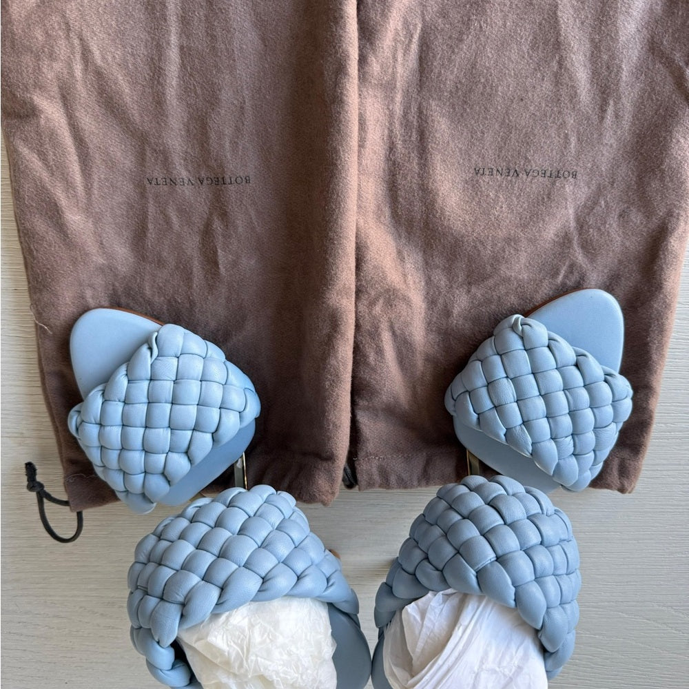 Bottega Veneta Womens Lido Leather Woven Sandals Size EU 37.5 Light Blue