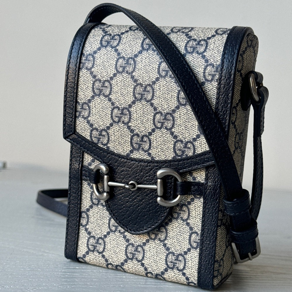 Gucci Horsebit 1955 Crossbody Bag GG CoatedCanvas Mini Blue/Gray