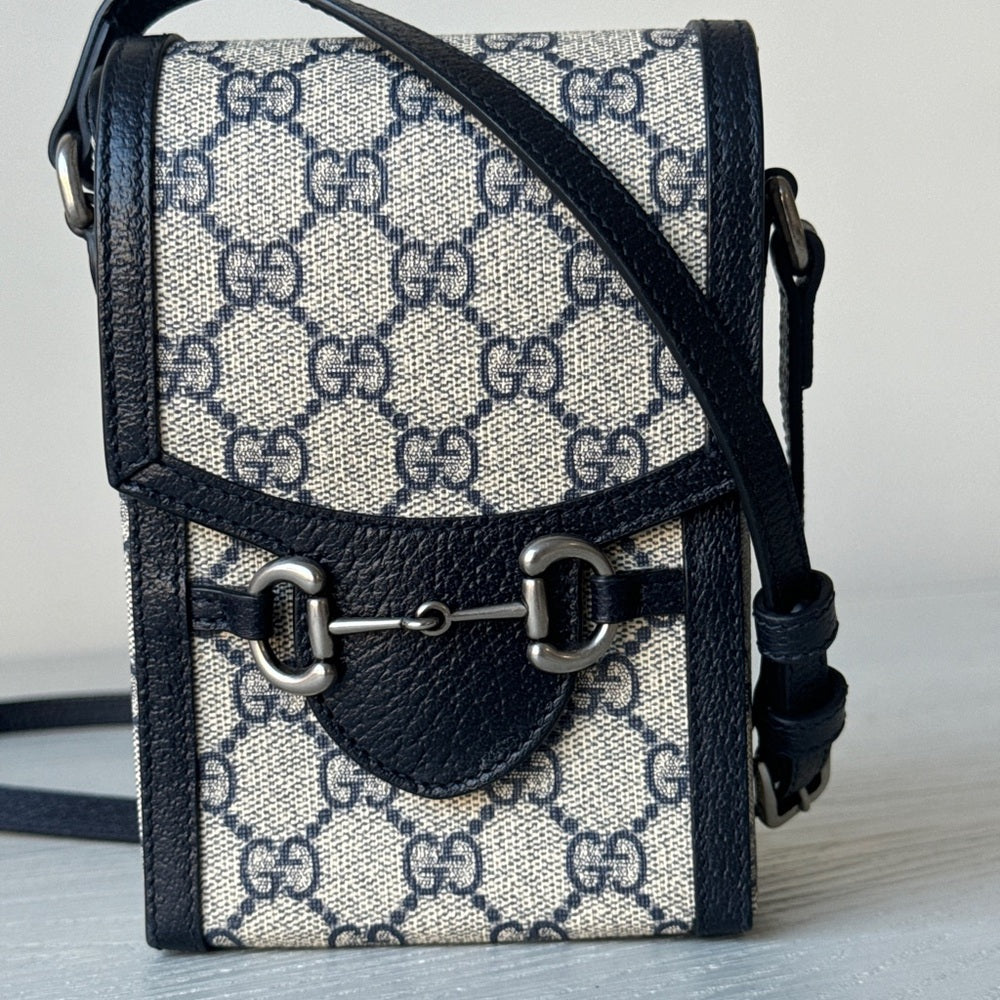 Gucci Horsebit 1955 Crossbody Bag GG CoatedCanvas Mini Blue/Gray