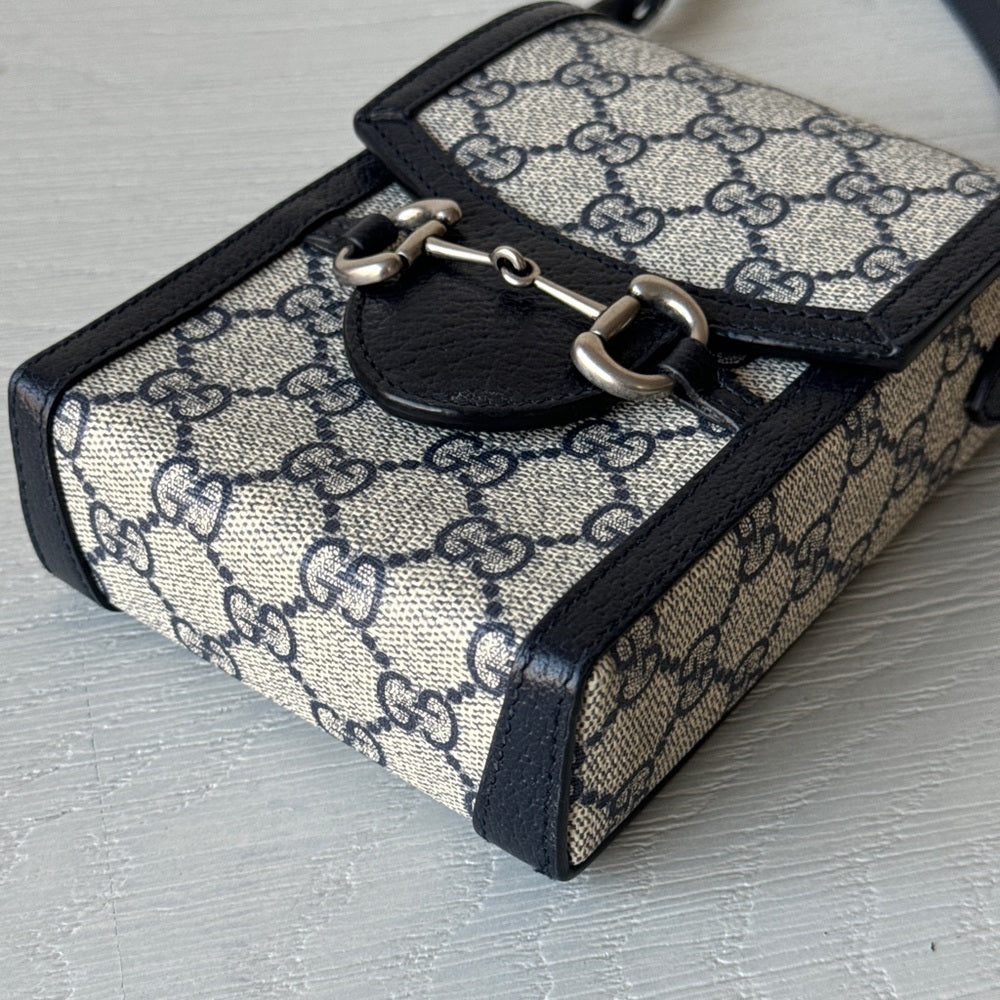 Gucci Horsebit 1955 Crossbody Bag GG CoatedCanvas Mini Blue/Gray