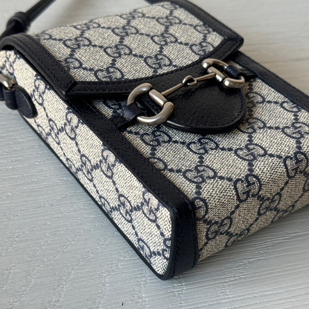 Gucci Horsebit 1955 Crossbody Bag GG CoatedCanvas Mini Blue/Gray