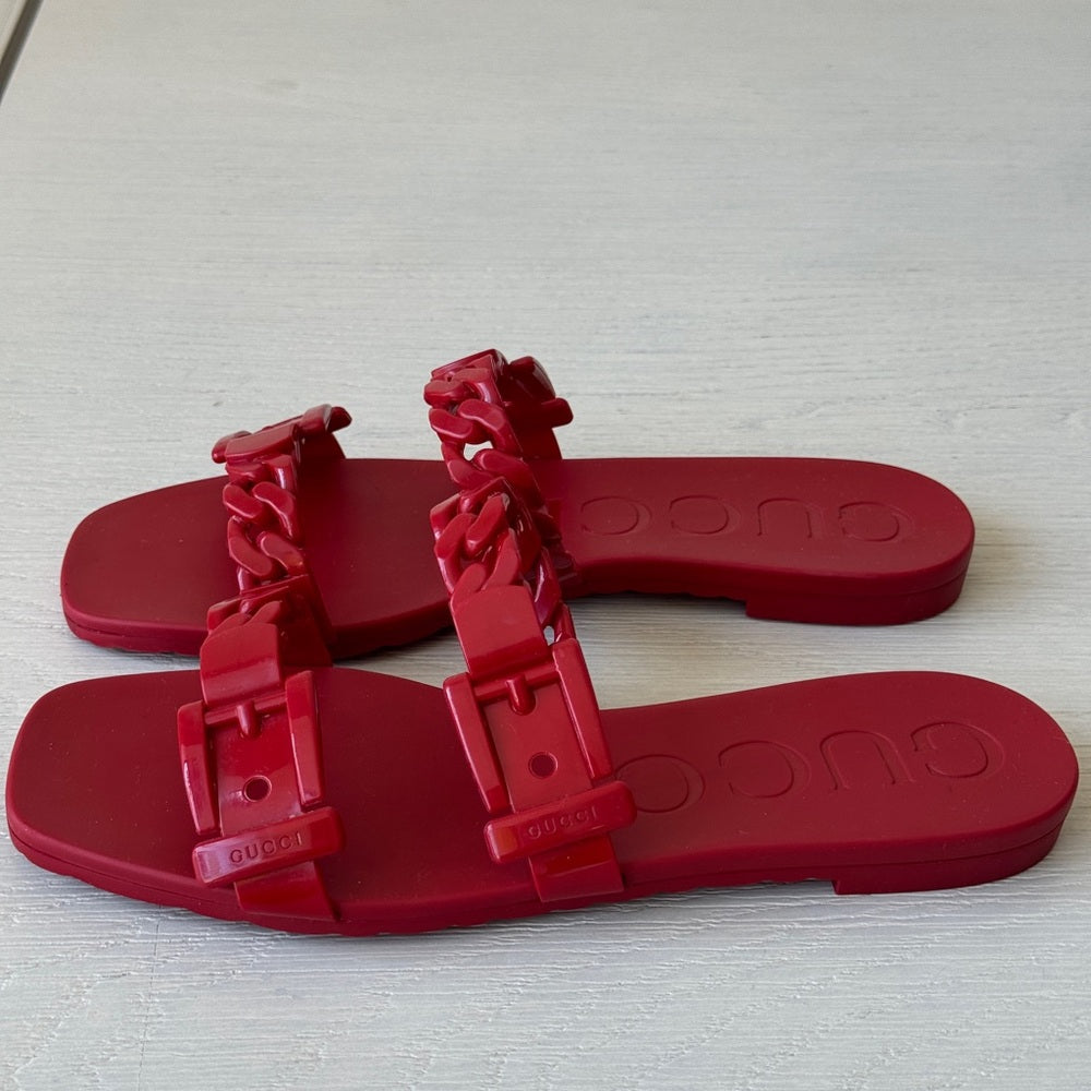 Gucci Teena Rubber Chain Link Slides Red Size 36 Flat Jelly Sandals