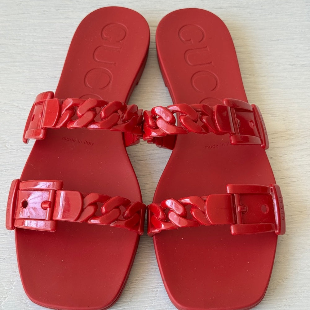 Gucci Teena Rubber Chain Link Slides Red Size 36 Flat Jelly Sandals