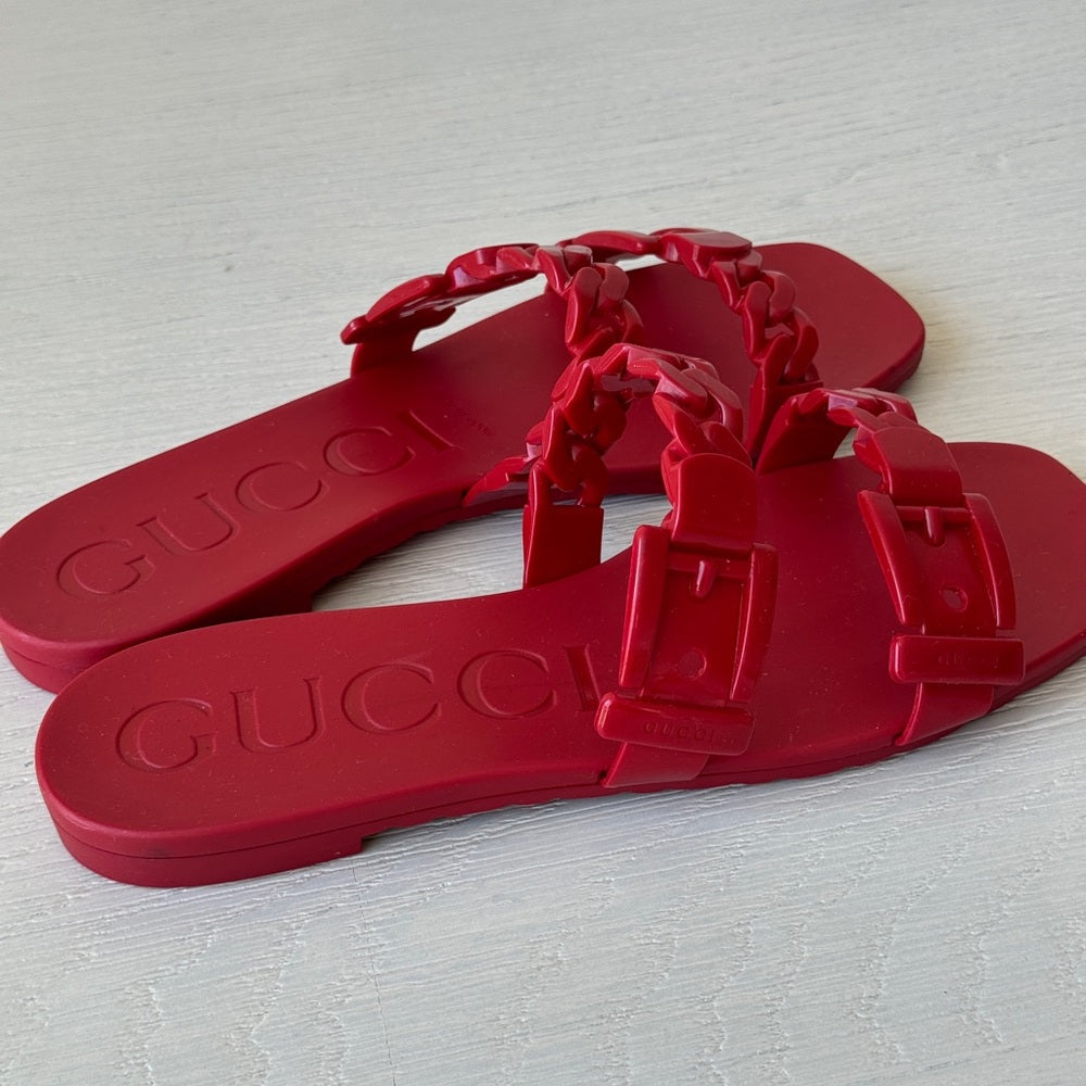 Gucci Teena Rubber Chain Link Slides Red Size 36 Flat Jelly Sandals