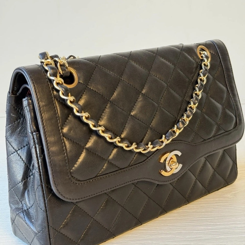 Chanel Medium Paris Double Flap Black Lambskin Shoulder Bag
