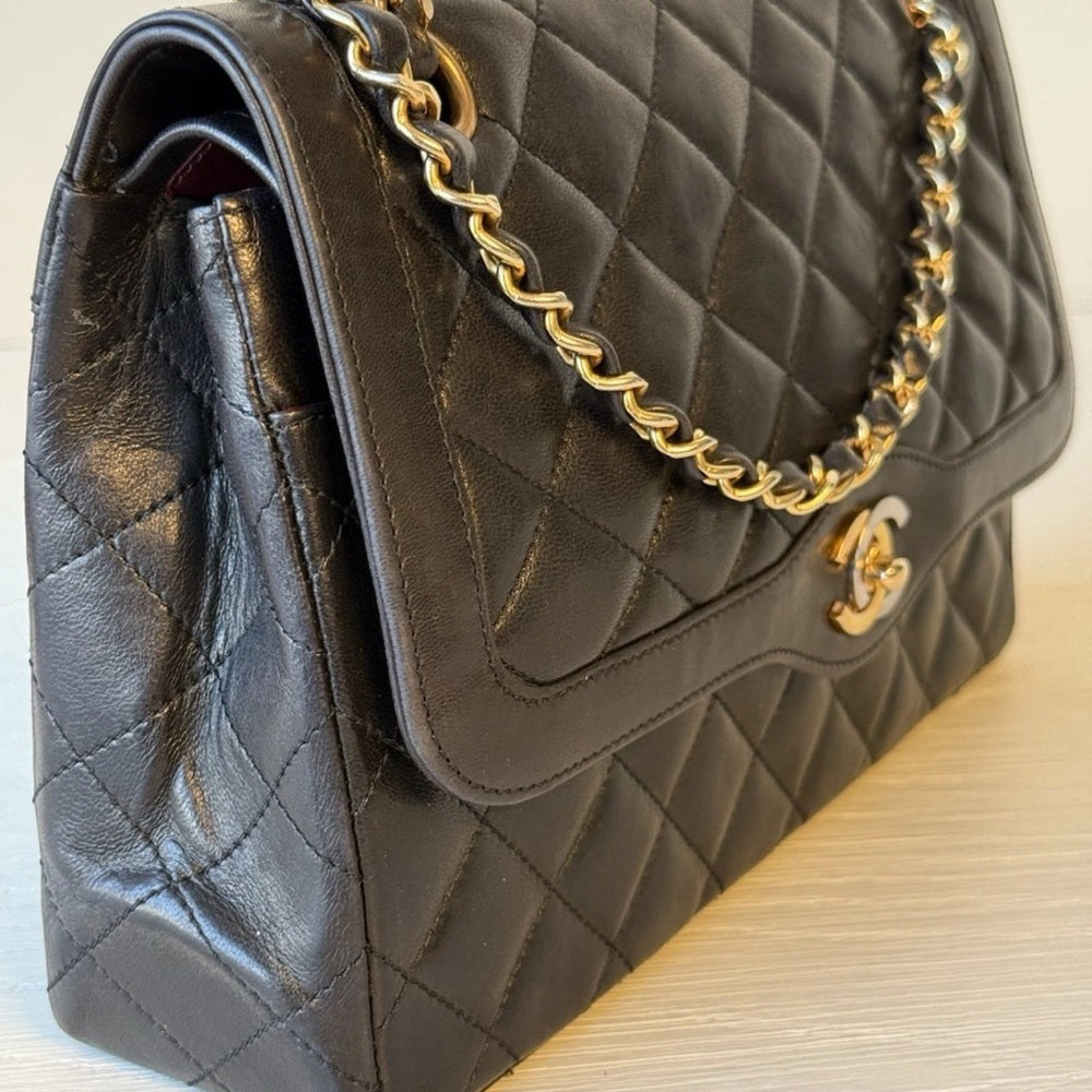 Chanel Medium Paris Double Flap Black Lambskin Shoulder Bag
