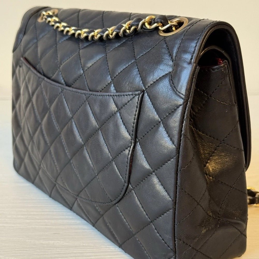 Chanel Medium Paris Double Flap Black Lambskin Shoulder Bag