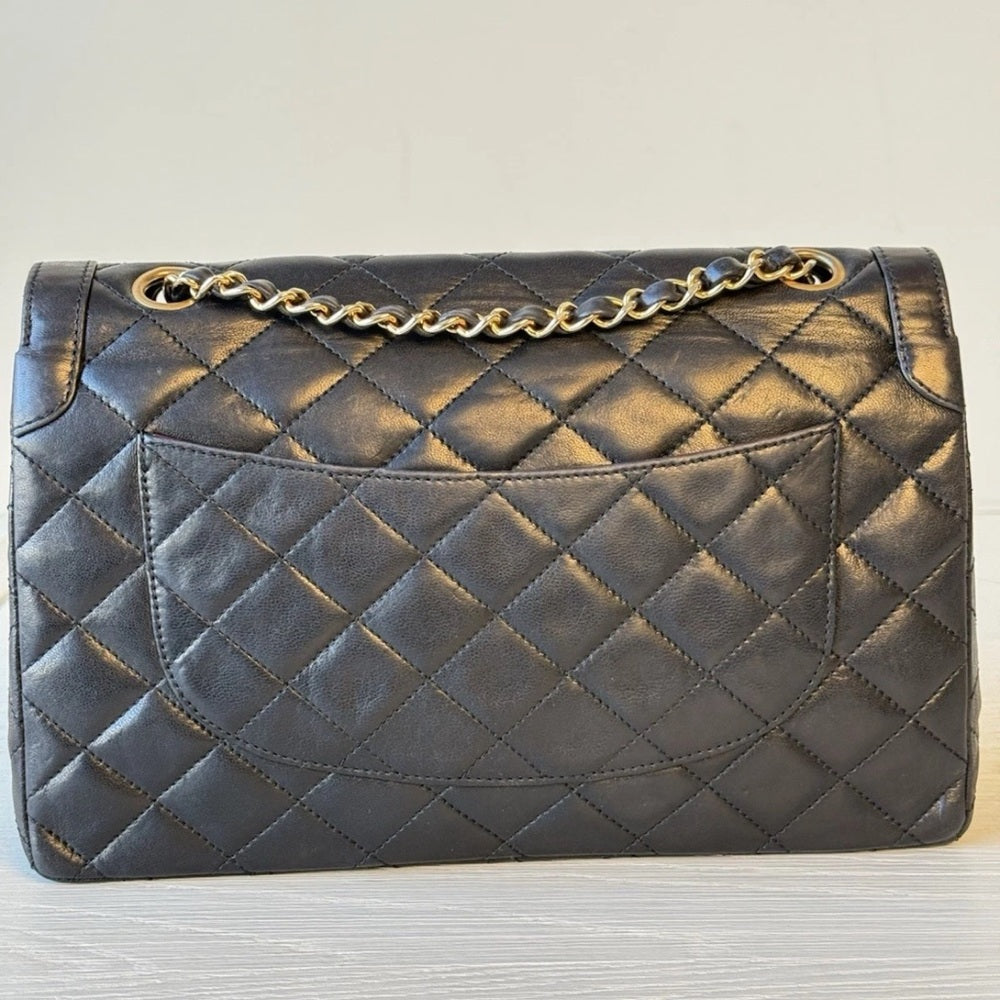 Chanel Medium Paris Double Flap Black Lambskin Shoulder Bag