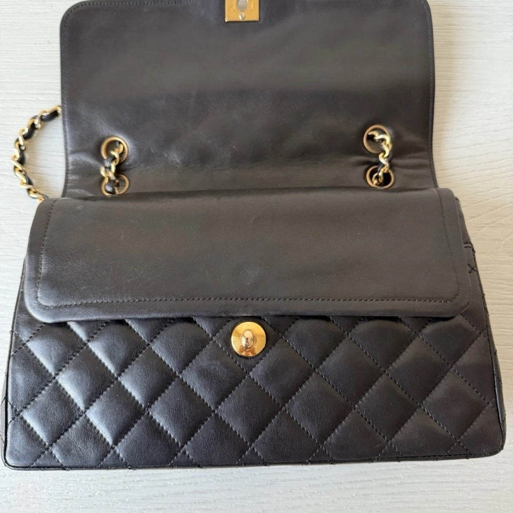 Chanel Medium Paris Double Flap Black Lambskin Shoulder Bag