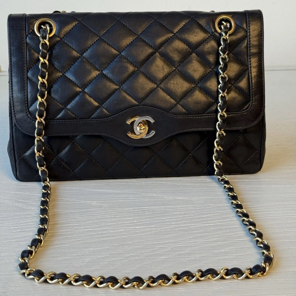 Chanel Medium Paris Double Flap Black Lambskin Shoulder Bag