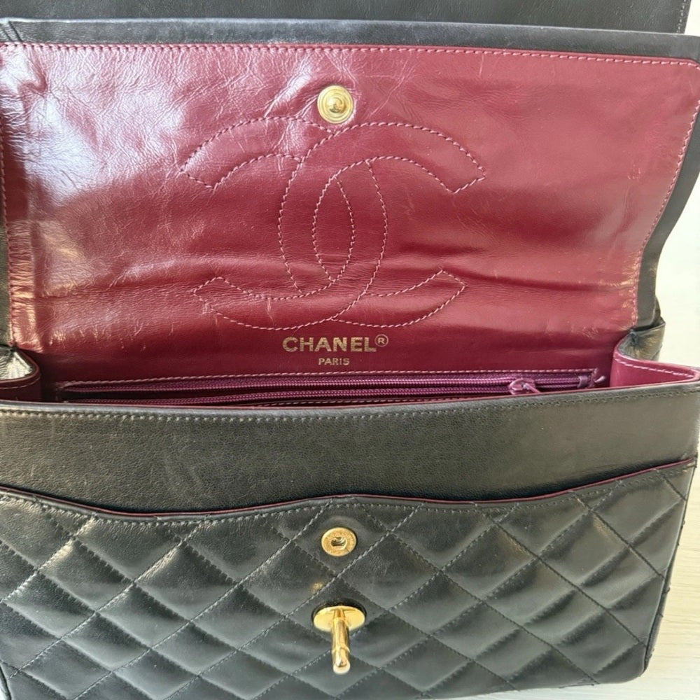 Chanel Medium Paris Double Flap Black Lambskin Shoulder Bag