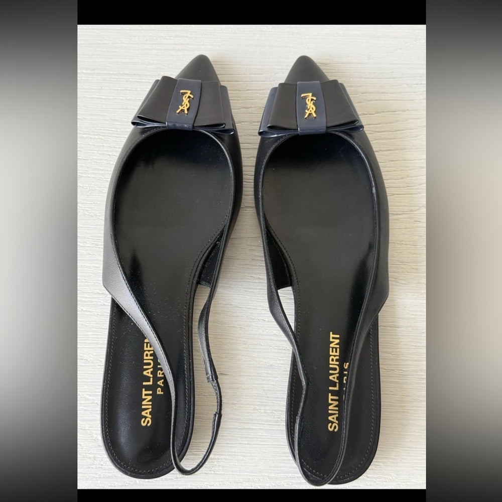 Saint Laurent Leather Bow Accents Slingback Flats Sandals Size 37