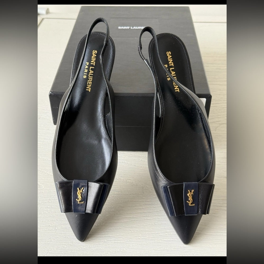 Saint Laurent Leather Bow Accents Slingback Flats Sandals Size 37