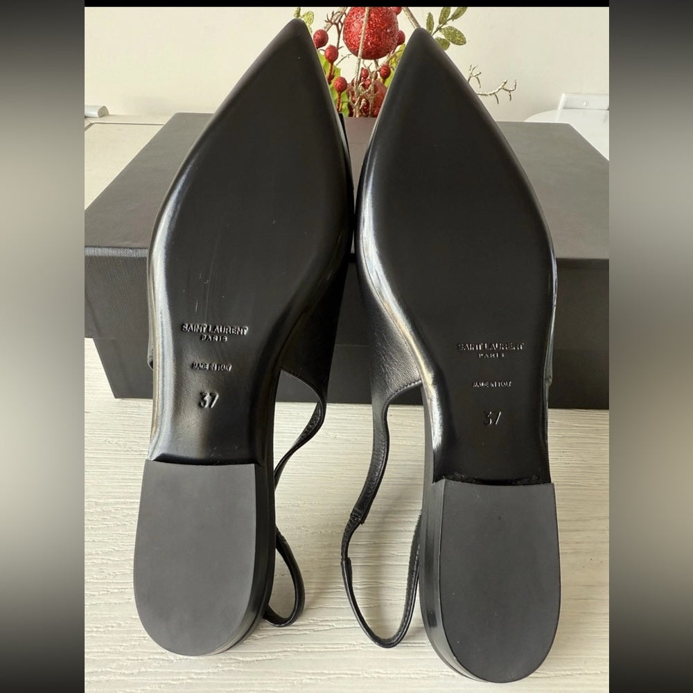 Saint Laurent Leather Bow Accents Slingback Flats Sandals Size 37