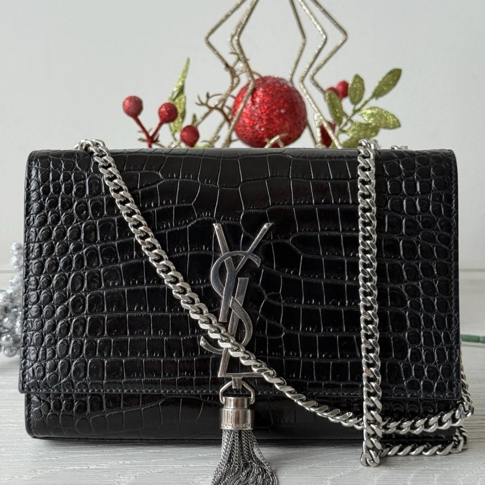Yves Saint Laurent Black Croc-Embossed Chain Bag