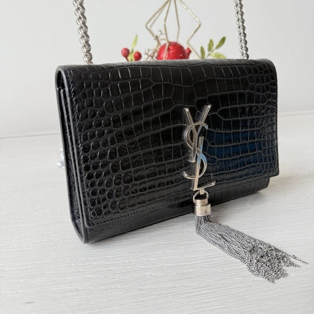 Yves Saint Laurent Black Croc-Embossed Chain Bag