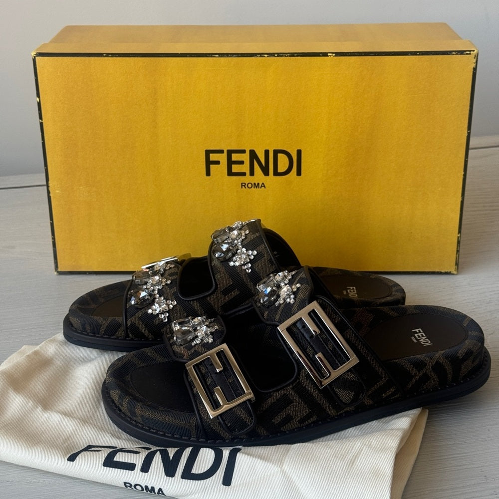 Fendi Crystal Ff Fabric Slides Size 37