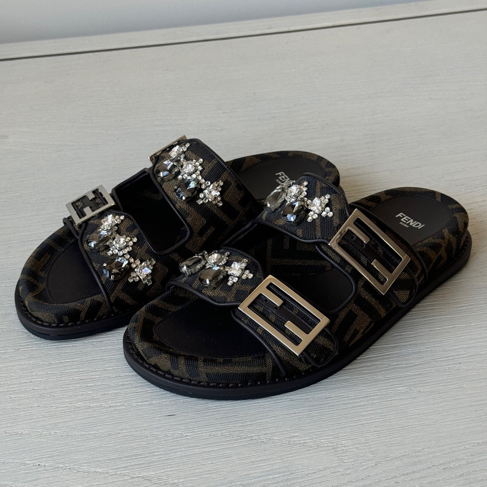 Fendi Crystal Ff Fabric Slides Size 37