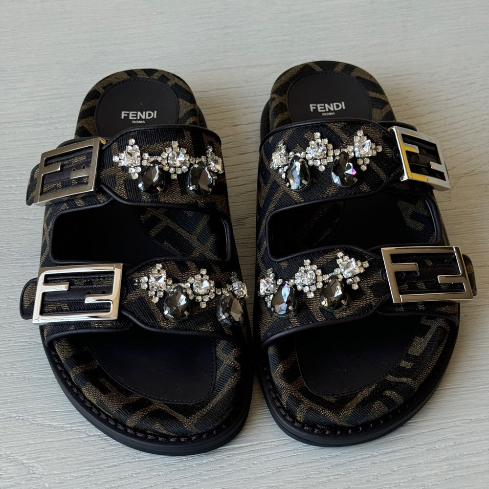 Fendi Crystal Ff Fabric Slides Size 37