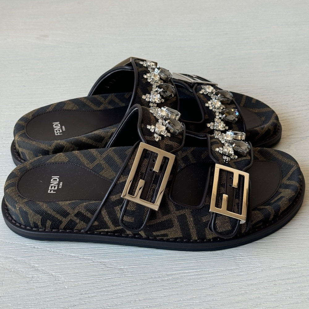 Fendi Crystal Ff Fabric Slides Size 37