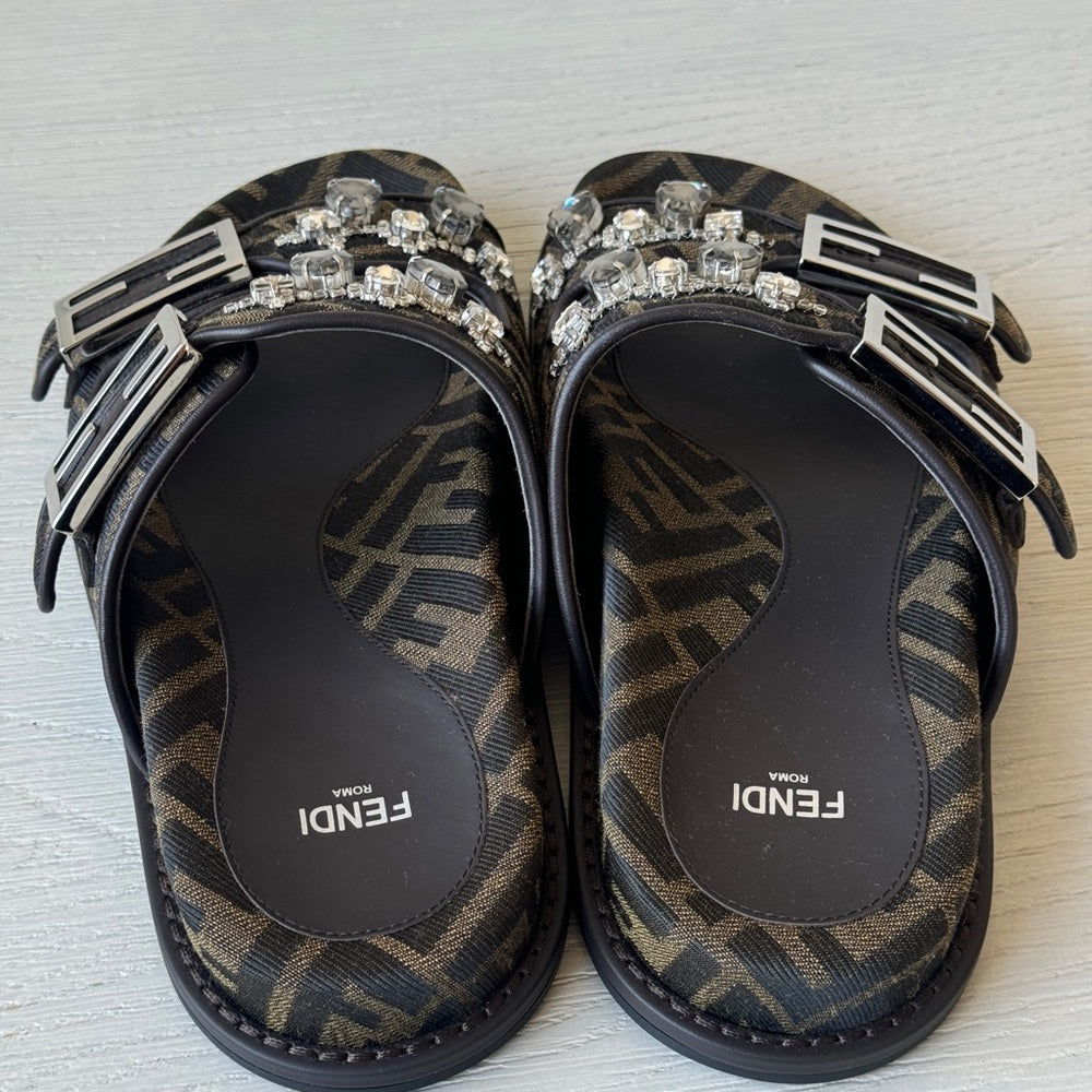 Fendi Crystal Ff Fabric Slides Size 37