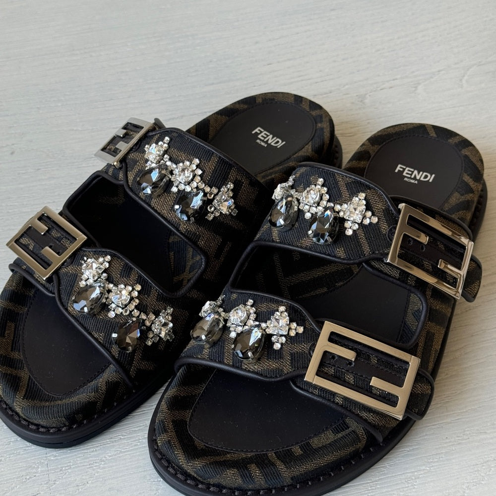 Fendi Crystal Ff Fabric Slides Size 37
