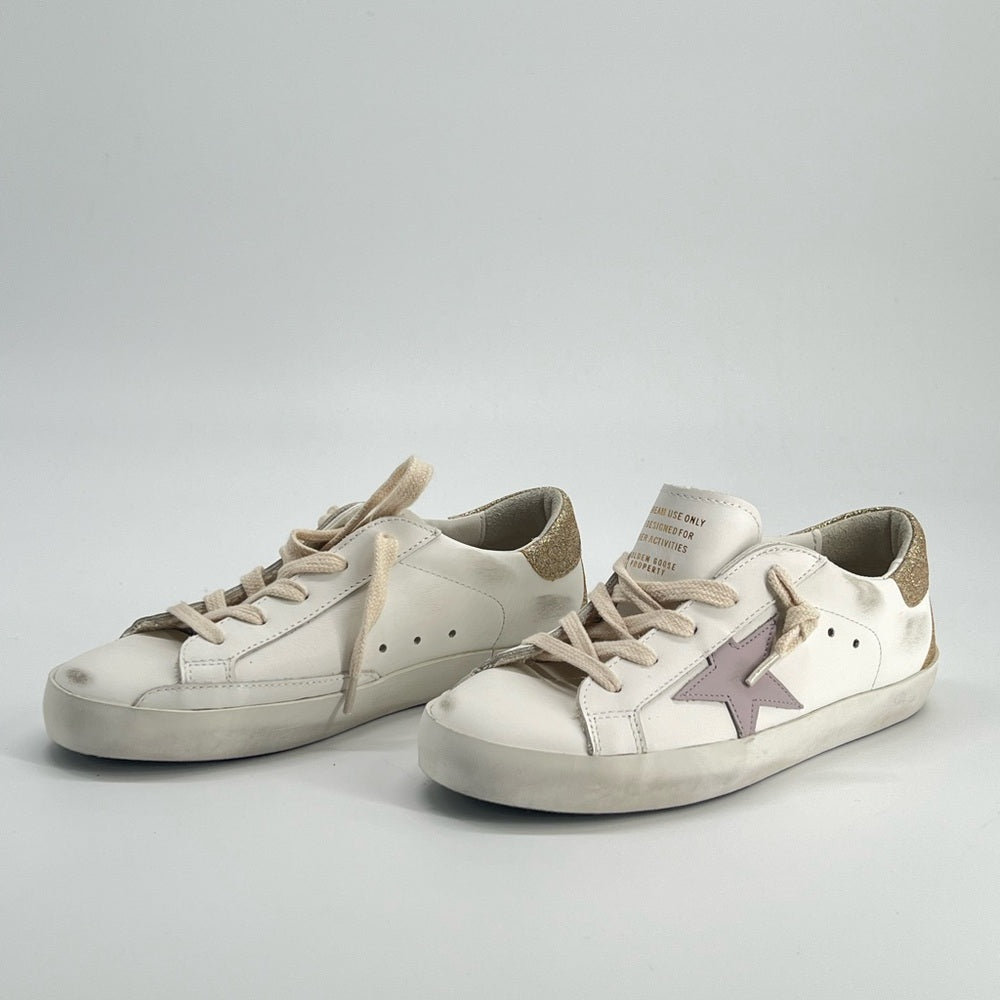 Golden Goose White Sneakers with Lavender Star and Gold Heel Size 32