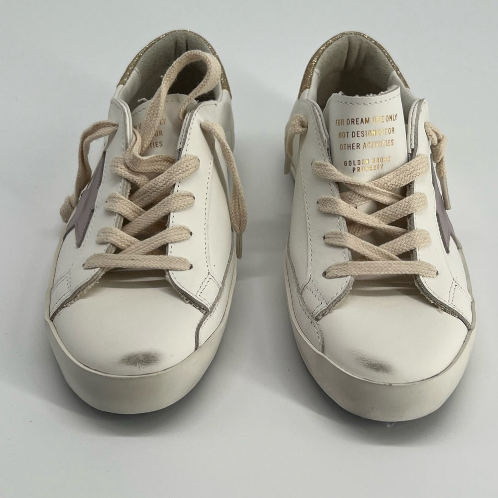 Golden Goose White Sneakers with Lavender Star and Gold Heel Size 32