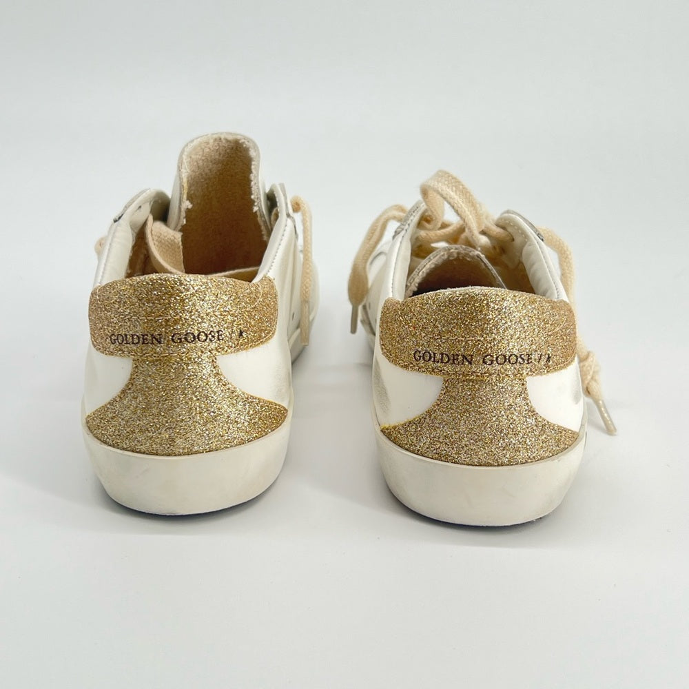 Golden Goose White Sneakers with Lavender Star and Gold Heel Size 32