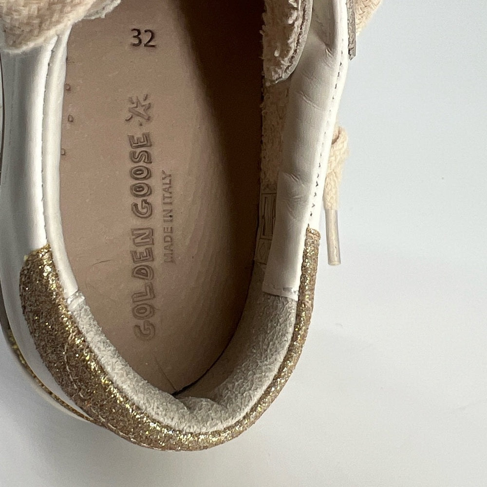 Golden Goose White Sneakers with Lavender Star and Gold Heel Size 32