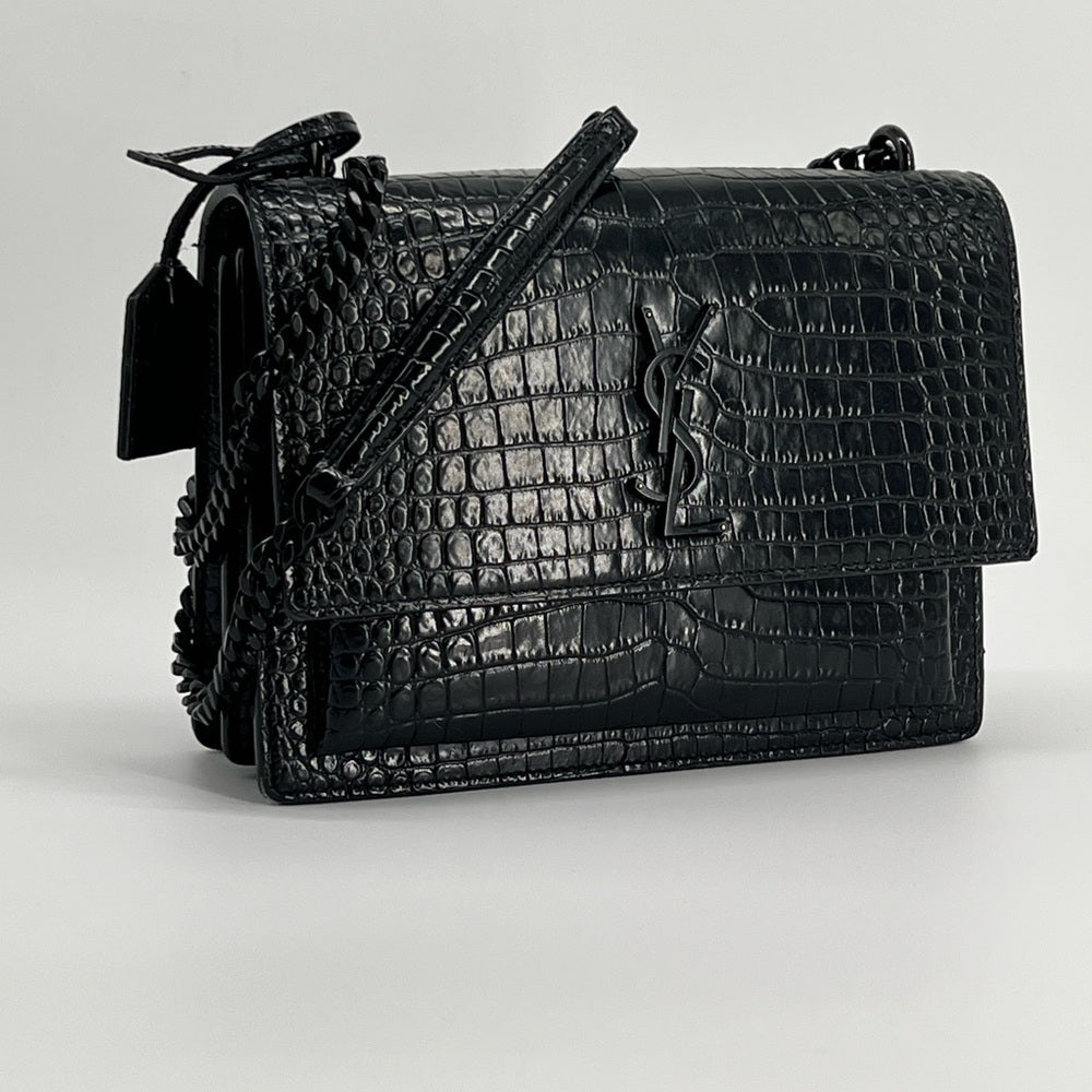 SAINT LAURENT Calfskin Crocodile Embossed Medium Monogram Sunset Black