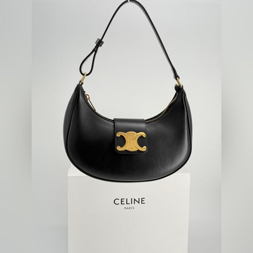 Celine Ava Triomphe Medium Leather Shoulder Bag Black