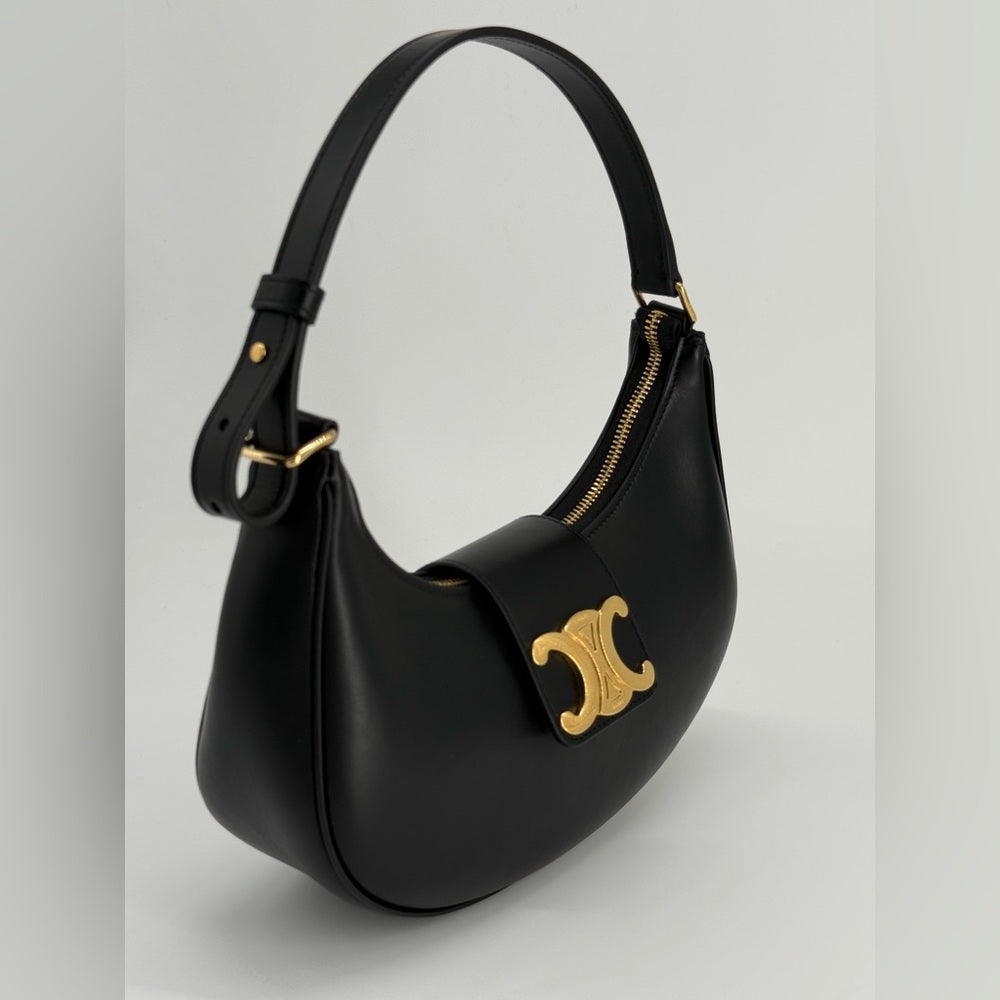 Celine Ava Triomphe Medium Leather Shoulder Bag Black