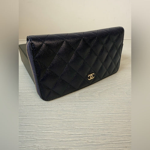 Chanel Caviar Blue Leather Interlocking CC Logo Continental Long Wallet