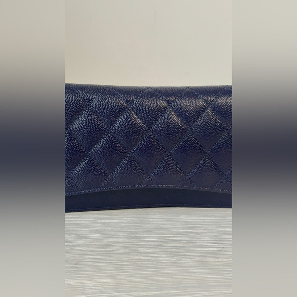 Chanel Caviar Blue Leather Interlocking CC Logo Continental Long Wallet
