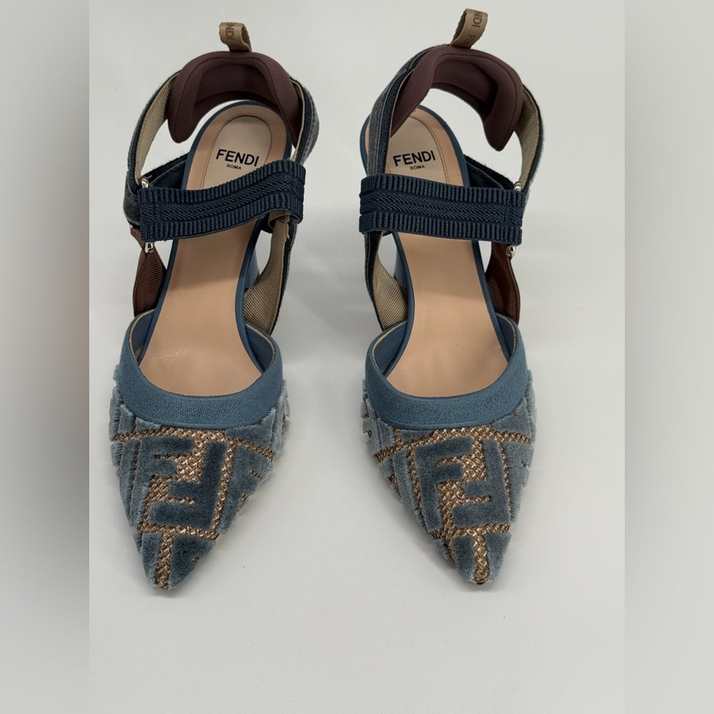 Fendi Colibri 85mm Blue Lite Velvet Beige FF Logo 36 1/2
