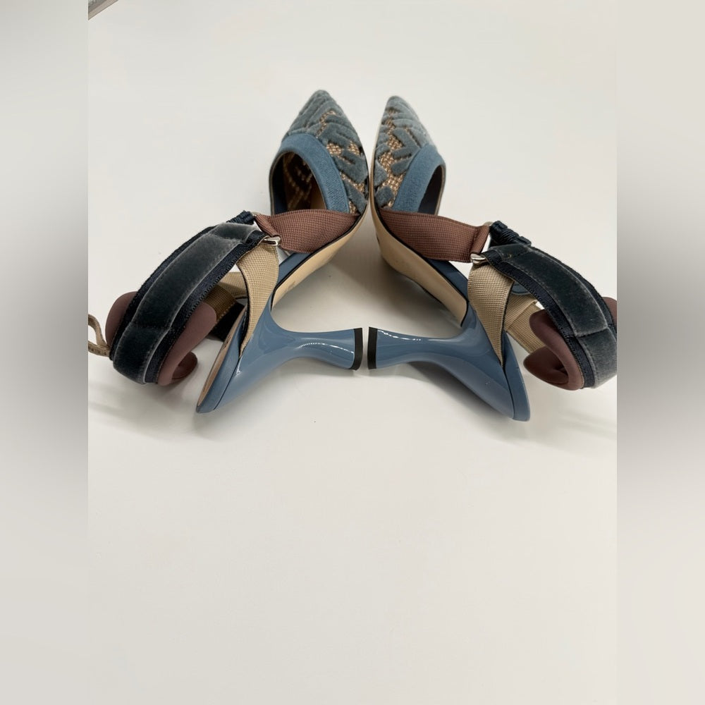 Fendi Colibri 85mm Blue Lite Velvet Beige FF Logo 36 1/2