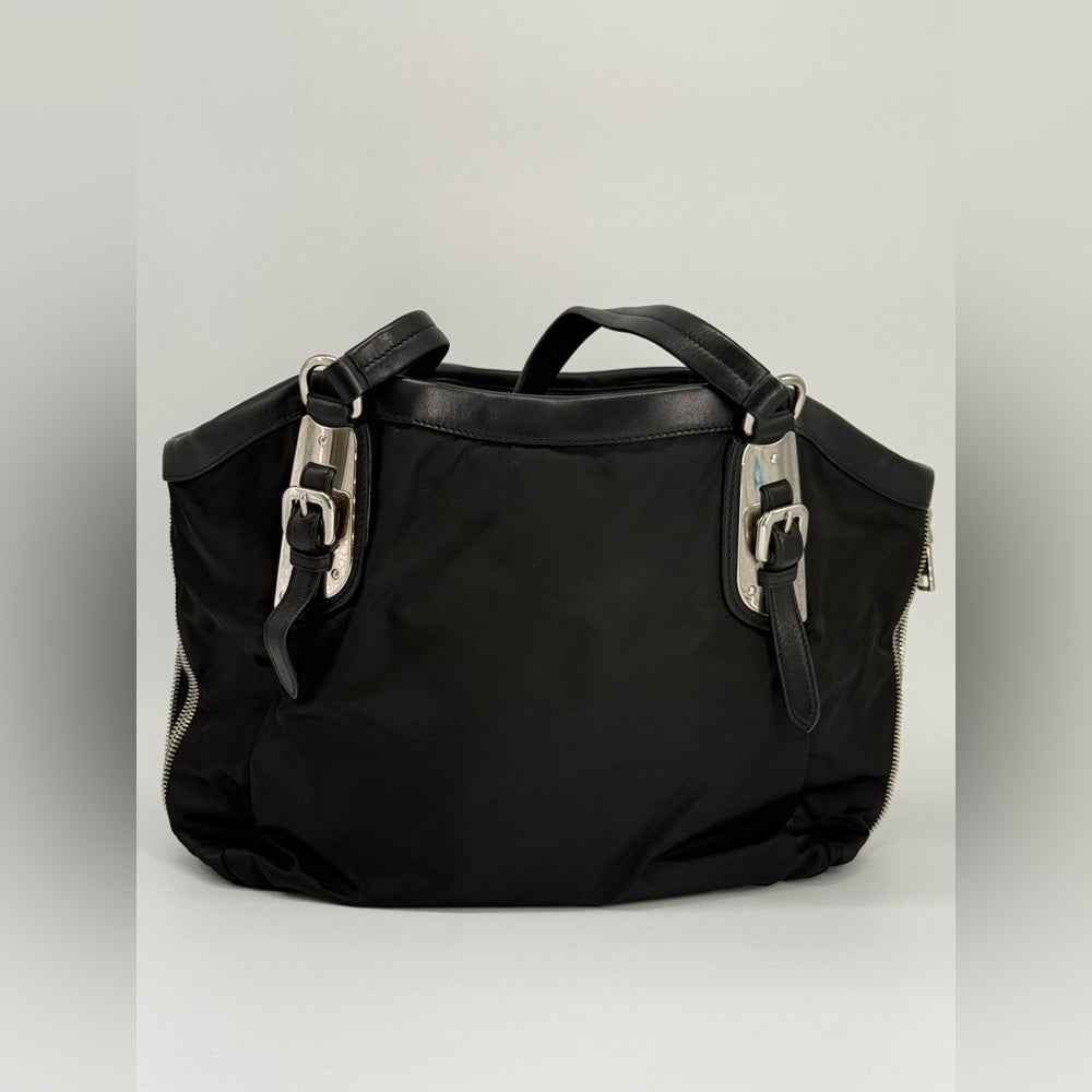 Prada Expandable Zippered Nylon Shoulder Bag Black