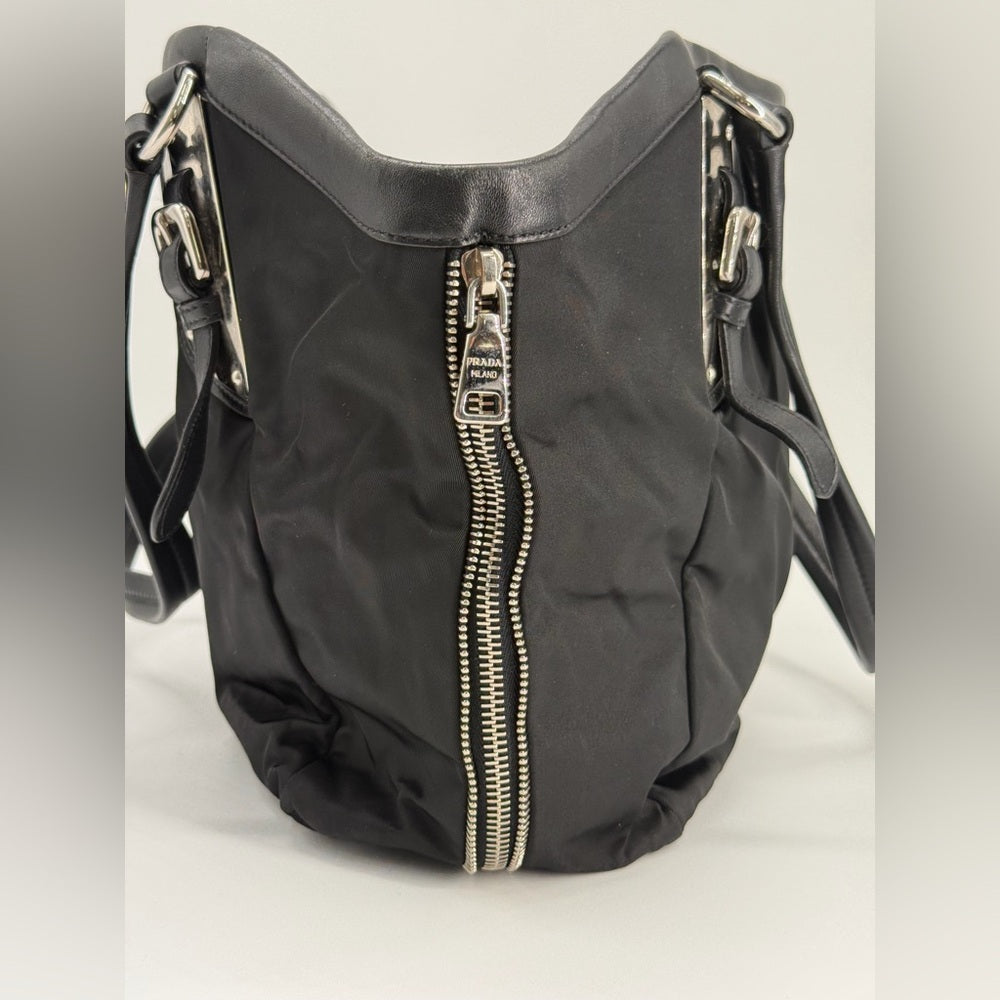 Prada Expandable Zippered Nylon Shoulder Bag Black