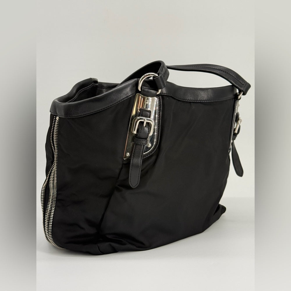 Prada Expandable Zippered Nylon Shoulder Bag Black